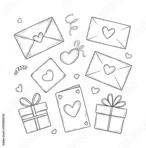 Black and white of valentines day gifts envelopes and hearts love