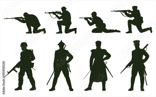 Military Soldier Silhouettes with Rifles and Swords Historical and Modern Figures