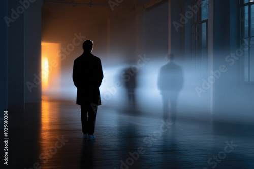 Wallpaper Mural In a spacious environment, a figure stands alone, surrounded by hazy silhouettes, representing isolation and the complexity of human emotions in an artistic interpretation. Torontodigital.ca