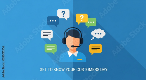 Customer service representative wearing headset with speech bubbles on get to know your customers day