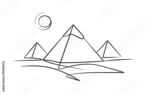 Minimalist black and white line of Egyptian pyramids under a swirling sun desert
