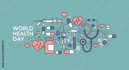 World health day medical icons and symbols illustration for healthcare awareness campaign