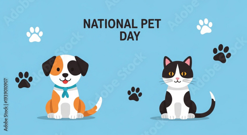 National pet day illustration of dog and cat sitting with paw prints on blue background