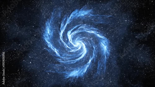 A bright blue spiral galaxy swirls within a starry cosmos