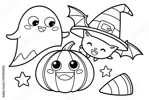 Cute Halloween Coloring Page for Kids - Ghost, Pumpkin, Bat, Candy Line Art
