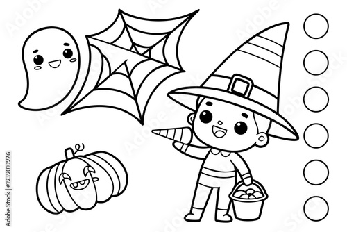 Cute Halloween Coloring Page for Kids - Ghost, Pumpkin, Bat, Candy Line Art