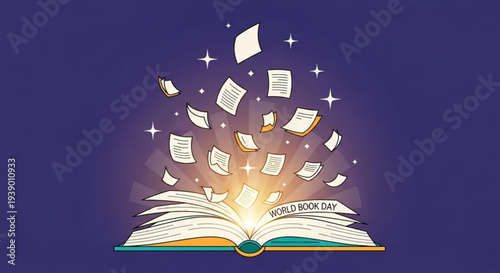 World book day concept with open book and flying pages on purple background