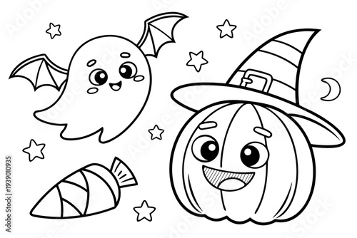Cute Halloween Coloring Page for Kids - Ghost, Pumpkin, Bat, Candy Line Art