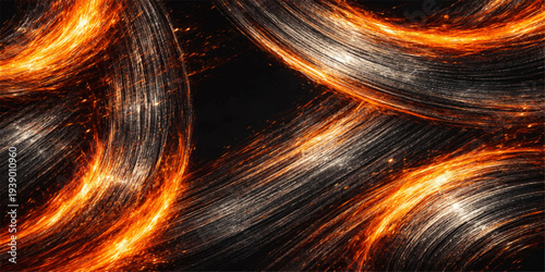 Dynamic abstract fractal design featuring swirling red and orange fire flames with glowing light lines and motion energy patterns on a black background wallpaper texture