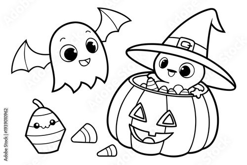 Cute Halloween Coloring Page for Kids - Ghost, Pumpkin, Bat, Candy Line Art