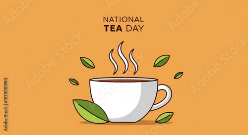 Steaming cup of tea with leaves on national tea day against orange background