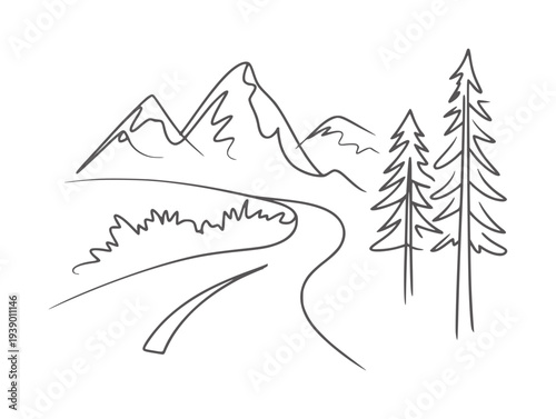 Simple black and white line of a winding road through mountains and trees landscape