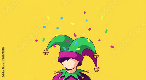 Jester in purple and green costume with confetti on yellow background celebrating carnival or party