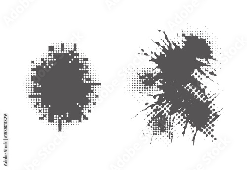 Two abstract dark grey ink splatters with halftone dot patterns dots