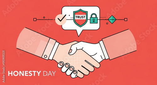 Handshake with trust shield and lock on honesty day symbolizing partnership agreement and integrity in business or personal relationships