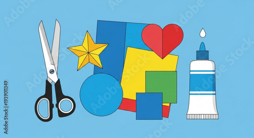 Colorful art supplies including scissors glue and colorful shapes on blue background for creative projects and kids' activities