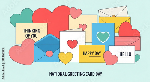 Colorful greeting cards and envelopes with hearts for national greeting card day celebrating love and friendship with thoughtful messages