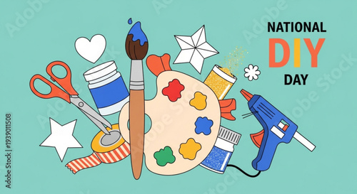 National diy day illustration with craft tools and supplies on a teal background