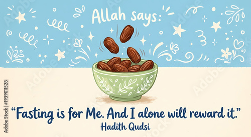 Islamic Hadith Quote About Fasting - Bowl of Dates Illustration with Quranic Verse