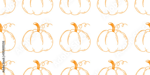 Ripe pumpkins seamless pattern in doodle sketch style. Hand-drawn orange vegetable - silhouette on white background. Healthy organic food print, for product packaging, paper, grocery store. Vector