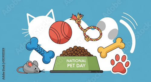 National pet day celebration with cat and dog accessories and food bowl on blue background