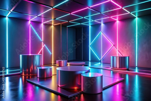 A Futuristic Display with Vibrant Neon Lighting and Sleek Metallic Platforms Ideal for Product Showcases or Abstract Art Installations