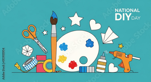 National diy day illustration with art supplies and tools on teal background