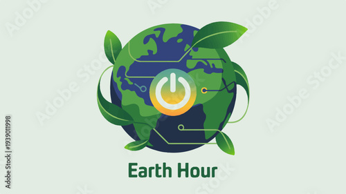 Earth hour logo with green leaves and power symbol on globe eco friendly concept for environmental awareness and sustainability