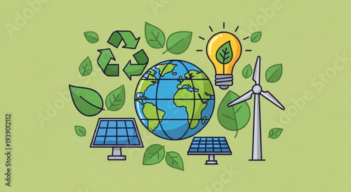 Eco friendly energy sources surround the earth with solar panels wind turbine and light bulb on green background
