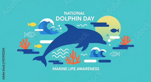National dolphin day marine life awareness poster with dolphin fish and coral on blue background
