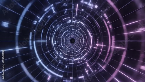 A futuristic tunnel with glowing concentric circles and lines, a dark abyss at the center