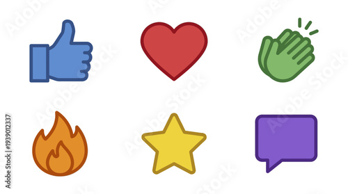 Friendly Reaction Graphics With Like Heart Clap Fire And Chat Bubble
