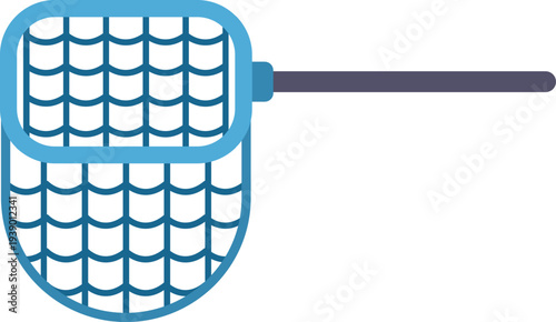 Minimalist illustration of a blue fishing net with a long handle and mesh design on white background
