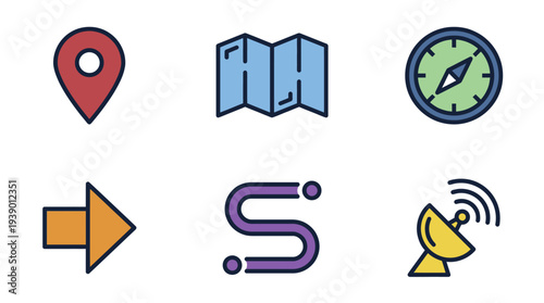 Navigation And Location Signs With Map Pin Compass And Direction Arrow