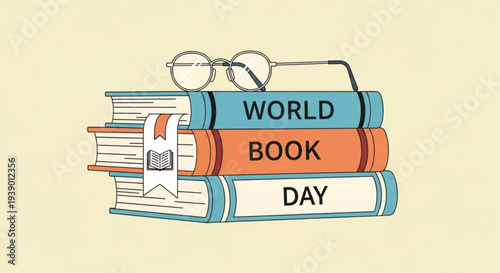 Stack of books with glasses celebrating world book day on a light background