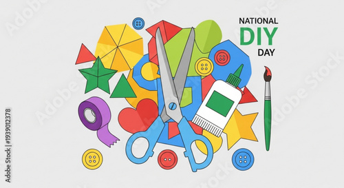 National diy day colorful illustration with scissors tools and craft supplies