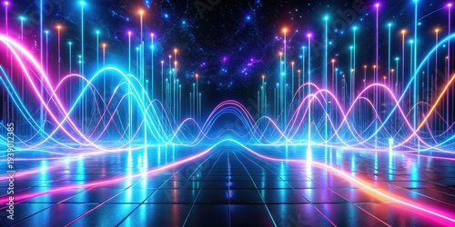 Abstract Neon Light Trails Across a Reflective Surface with Glowing Vertical Lines and a Starry Night Sky Background