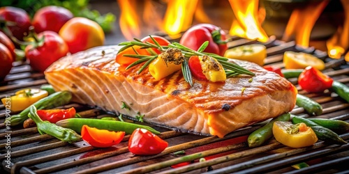 Wallpaper Mural Grilled salmon fillet with assorted vegetables on a barbecue grill Torontodigital.ca