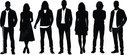 Diverse group of stylish people in modern casual and formal outfits standing in row, black silhouette vector illustration for design use