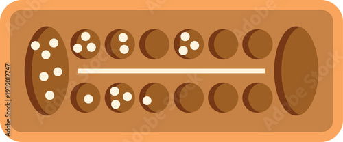 Flat design illustration of a classic wooden mancala board with playing pieces arranged neatly