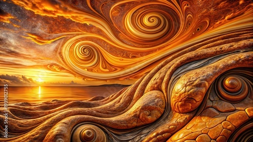 Wallpaper Mural Golden Hour Swirls Over Sculptural Seascape A Dreamlike Fusion of Celestial and Terrestrial Forms Torontodigital.ca