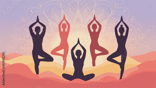 Five yoga practitioners in various poses at sunrise or sunset with mountain range background