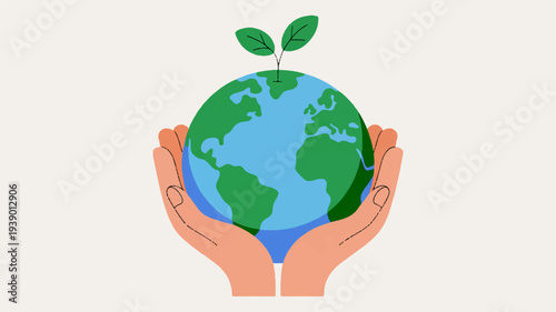 Hands cradling a green earth globe with a sprouting leaf on top symbolizing eco friendliness and environmental care
