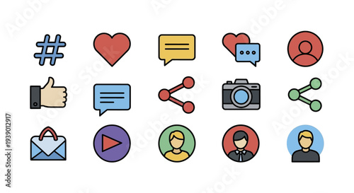 Mixed Social Interaction And Sharing Symbols Displayed In Vibrant Rounded Shapes