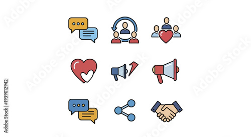 Colorful Digital Interaction Symbols Including Chat Megaphone Heart And Sharing Links