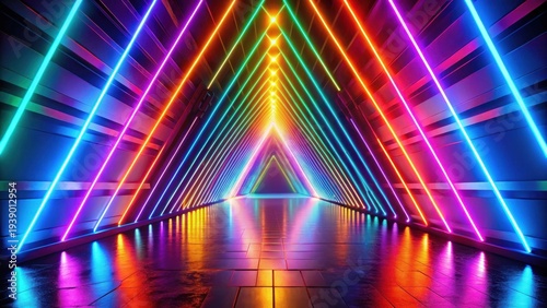 Wallpaper Mural Vibrant Neon Rainbow Tunnel Futuristic Architectural Design with Glowing Lines and Reflective Floor Torontodigital.ca