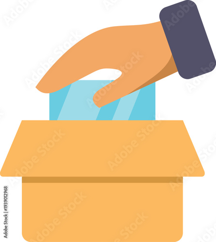 Colorful flat design illustration of a hand placing a paper into a ballot or suggestion box