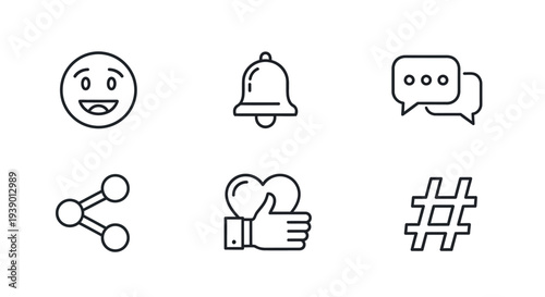 Smiling Reaction Bell Notification And Sharing Icons For Online Engagement