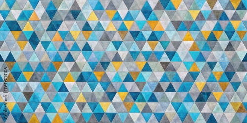 Abstract Geometric Triangular Pattern with Watercolor Texture in Shades of Blue, Gray, and Gold