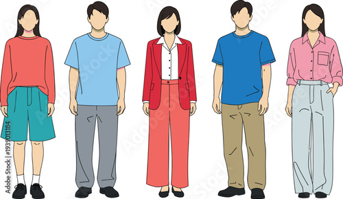 Diverse group of young people in colorful casual outfits with blazers, wide pants and shorts, modern flat vector fashion illustration design